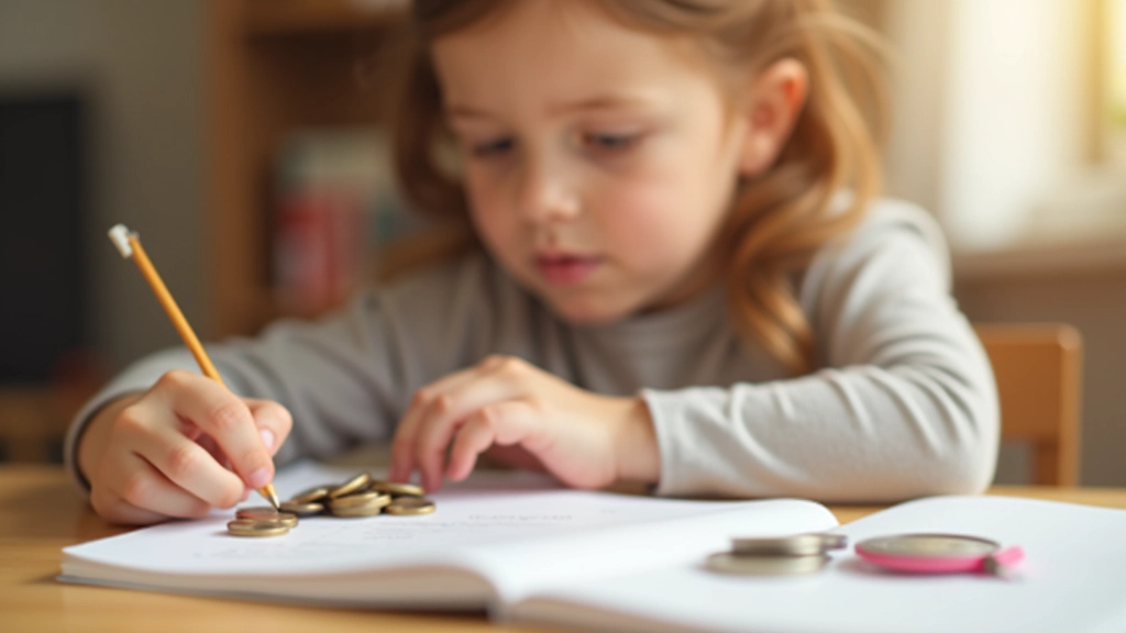 Dziecko liczące pieniądze w skarbonce lub kopercie, zapisujące swoje oszczędności w notatniku