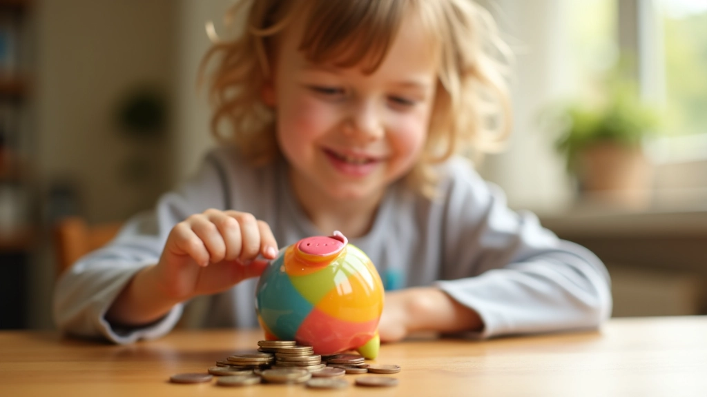 Dziecko wkłada monety do kolorowej skarbonki, nauczenie się oszczędzania