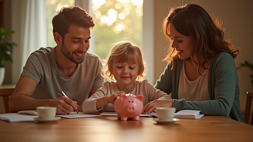 Rodzina siedzi przy stole, rodzice pokazują dziecku jak oszczędzać pieniądze w skarbonce