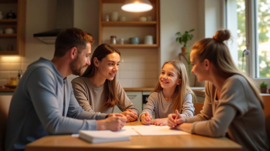 Rodzina rozmawia o budżecie domowym przy kuchennym stole