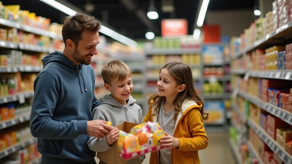 Rodzina robiąca zakupy w supermarkecie, rodzic wyjaśnia dziecku różnicę między potrzebami a zachcianikami