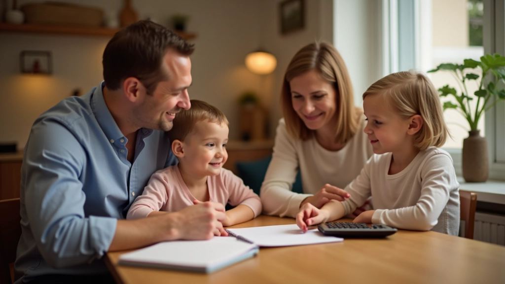 Rodzina siedzi przy stole, rozmawiając o kieszonkowym i budżecie domowym