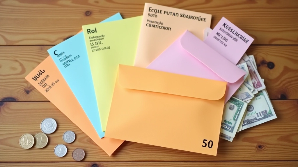 Kolorowe koperty z napisanymi celami oszczędzania, ułożone na drewnianym stole obok pieniędzy