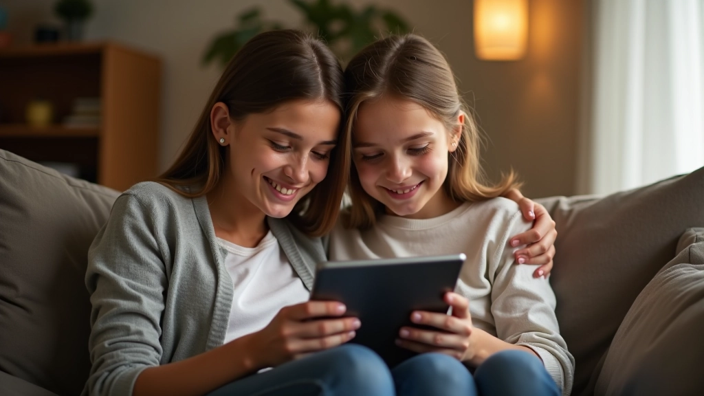Matka i córka patrzyć na ekran tabletu, razem sprawdzają konto bankowe i dyskutują o oszczędzaniu