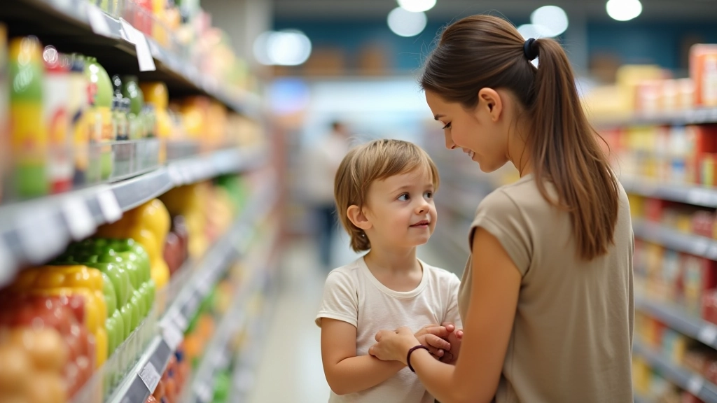 Rodzina w sklepie — dziecko patrzy na półkę z produktami, rodzic obok