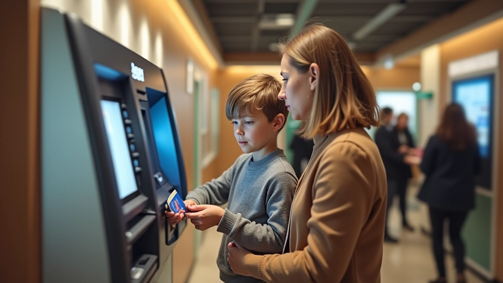 Dziecko i dorosły patrzą na bankomat, wpłacają pieniądze, nowoczesne technologie bankowe dla najmłodszych