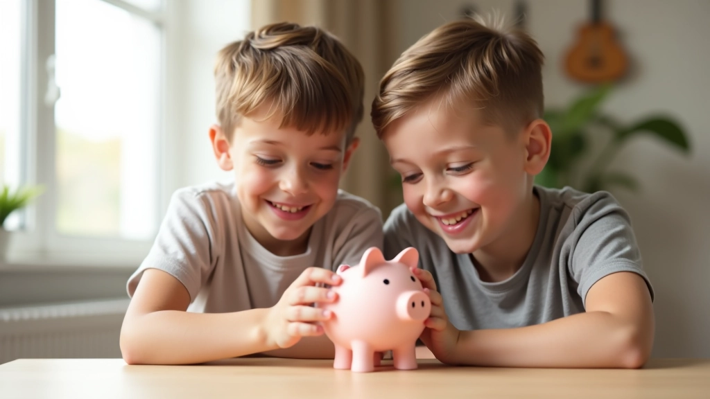 Rodzic i dziecko razem patrzą na skarbonkę, uśmiechają się, moment edukacji finansowej w domu