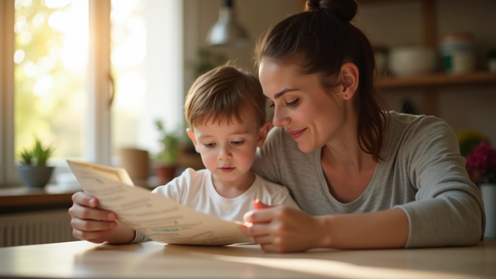 Dziecko przeglądzające sklepową gazetę promocyjną z rodzicem, wspólne planowanie zakupów