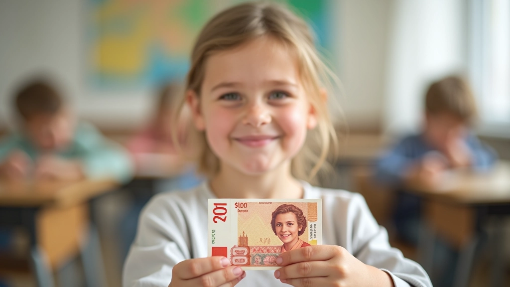 Dziecko w wieku szkolnym trzyma banknot, uśmiechnięte, w jasnym wnętrzu