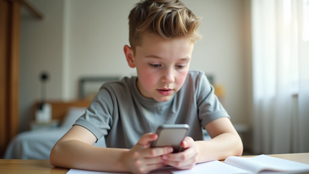 Nastolatek sprawdza wydatki na smartfonie, siedzi przy biurku