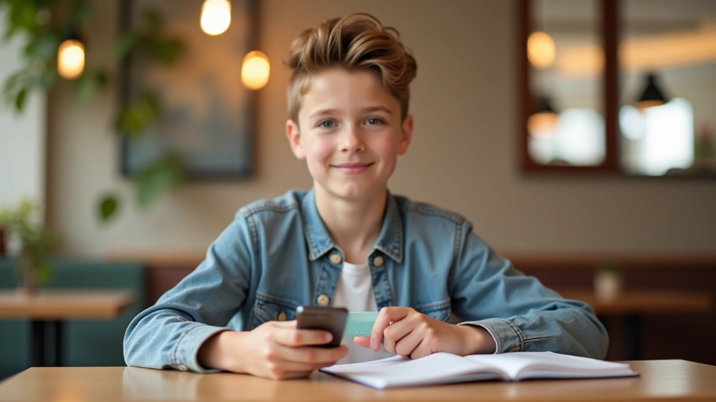 Nastolatek z kartą debetową i telefonem, konto junior i nowoczesne finanse dla młodych