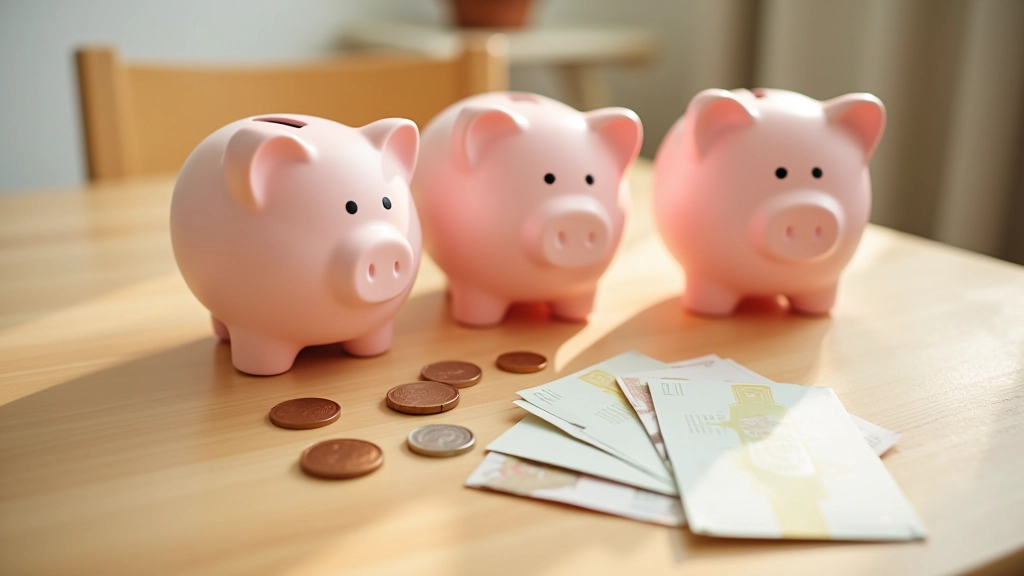 Wizualizacja różnych metod oszczędzania — skarbonka, koperty, notes