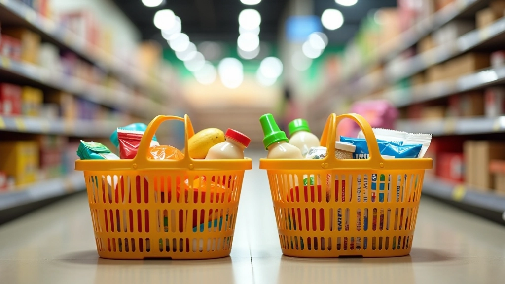 Dwa kolorowe koszyki sklepowe obok siebie, jeden z produktami podstawowymi, drugi z zabawkami, ilustracja nauki