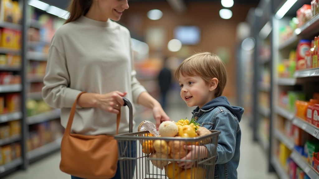 Dziecko pokazujące rodzicowi koszyk ze sklepowymi artykułami, nauka potrzeb vs zachcianek