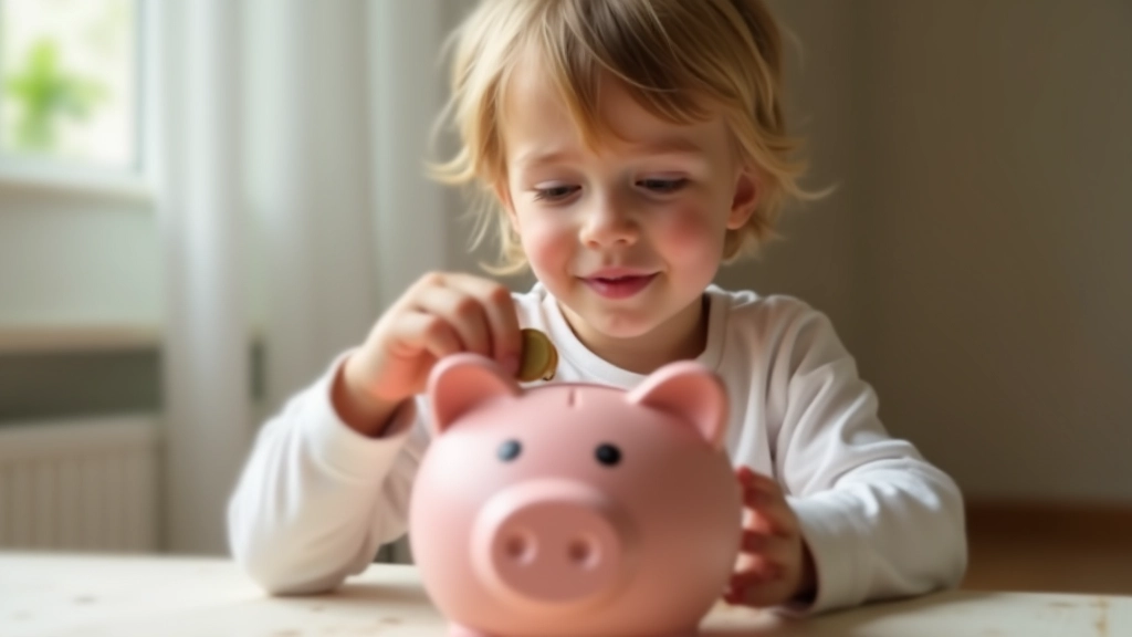 Dziecko odkłada monety do skarbonki, uśmiechnięte